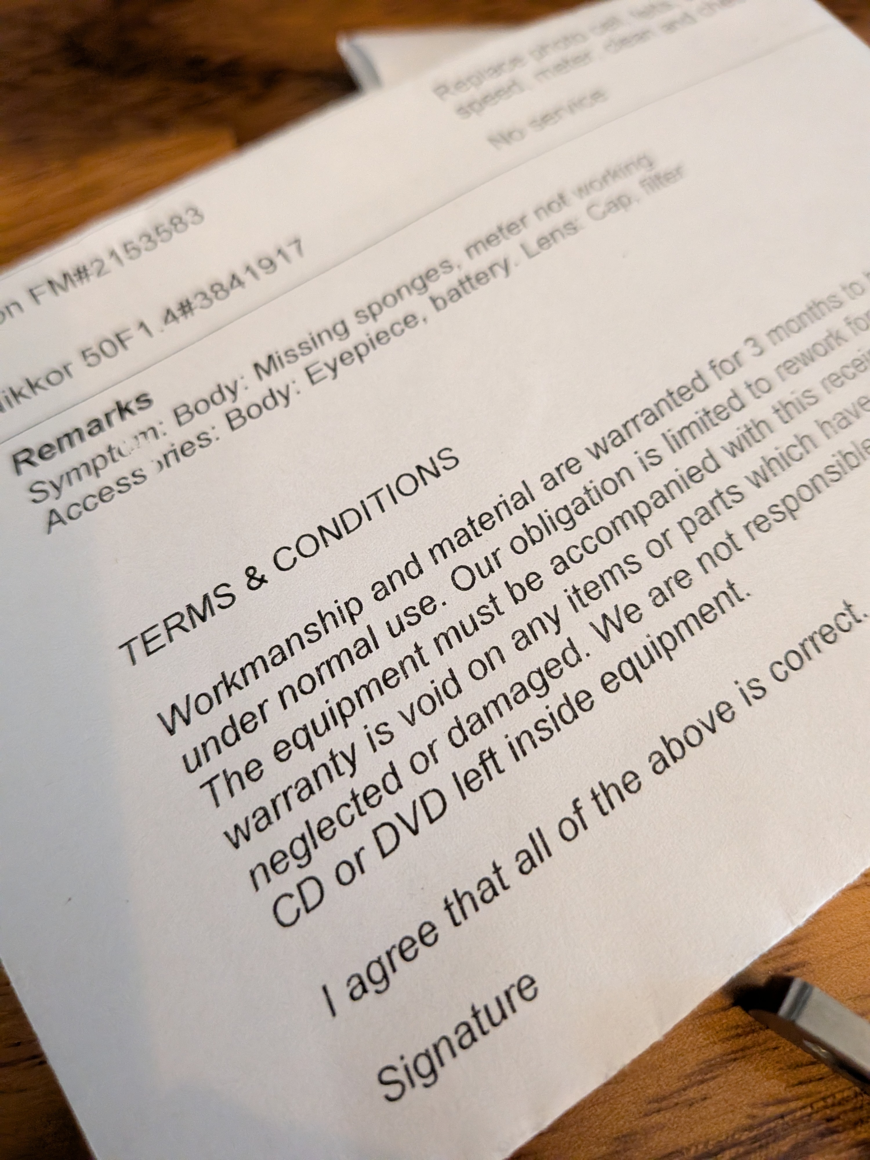 Camera repair receipt